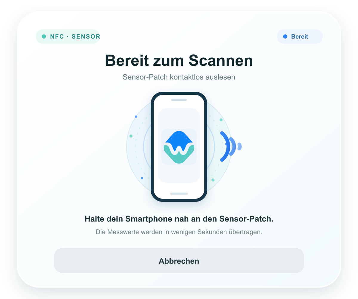 App-Ansicht Bereit zum Scannen für das kontaktlose Auslesen des Sensor-Patches
